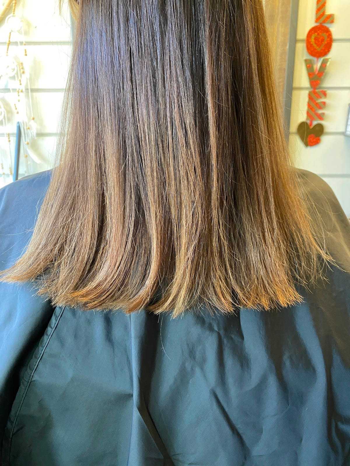Straight, shoulder-length hair after a salon treatment, viewed from the back.